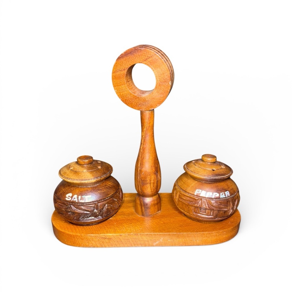 Vintage handcrafted Wooden Brown Salt & Pepper Shakers with Holder